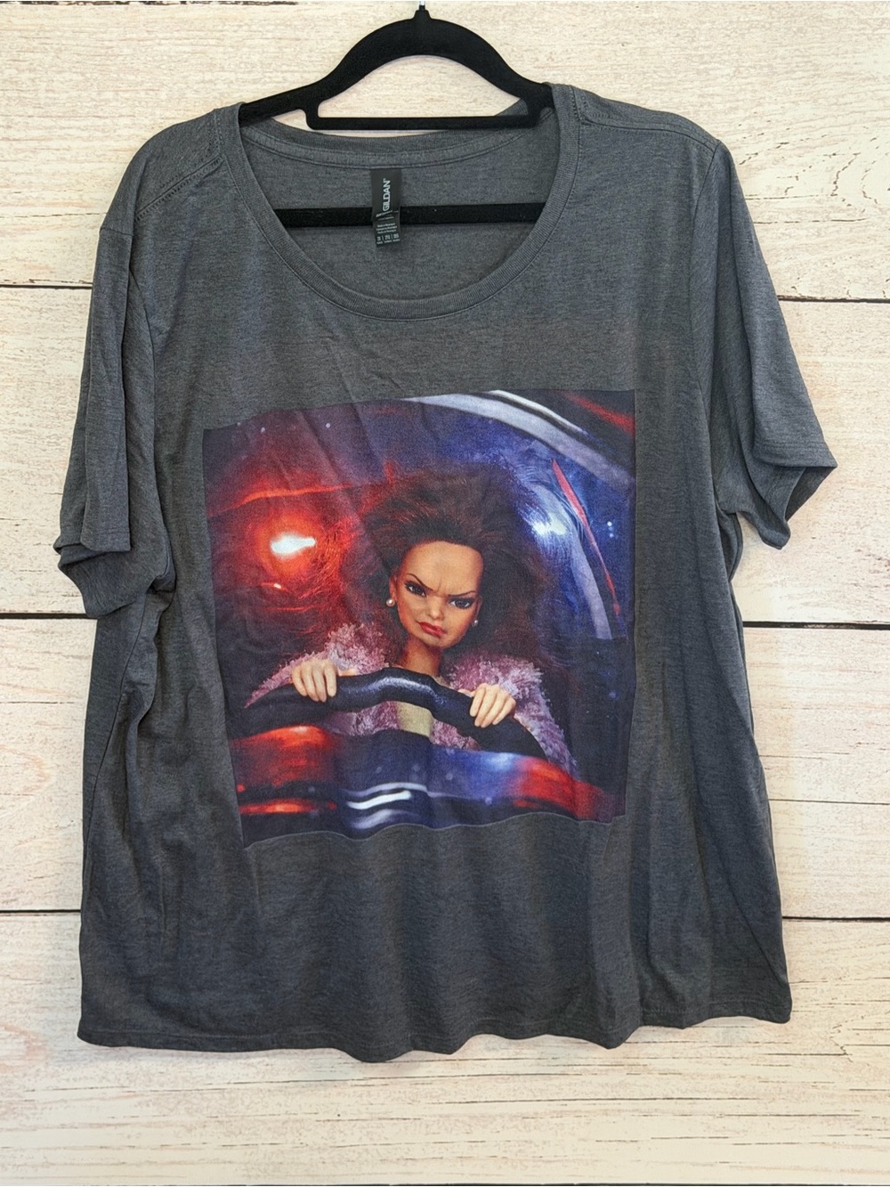 Gildan Gray Short Sleeve Tee with Colorful Driving Angry Barbie Graphic